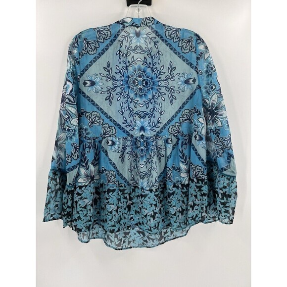 Soft Surroundings Oasis Tunic Embroidered Floral Blouse Blue Sheer XSMALL EUC - Picture 6 of 14